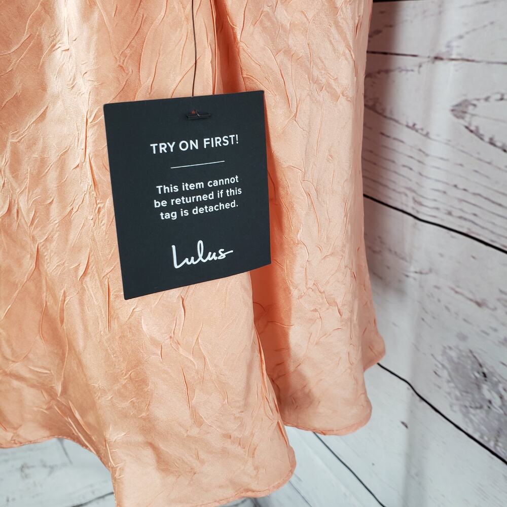 Lulus New Women's Peach Orange Crinkle Satin Mini Slip Dress Size M - Picture 10 of 12